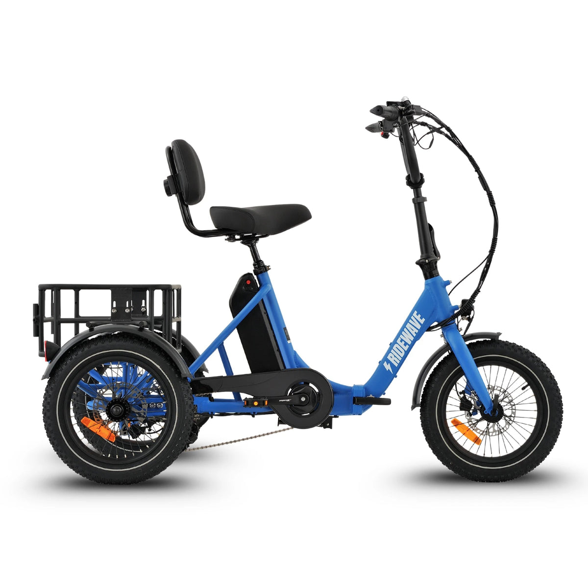 Ridewave Koala folding electric trike in sky blue, side view with step-through frame and rear basket