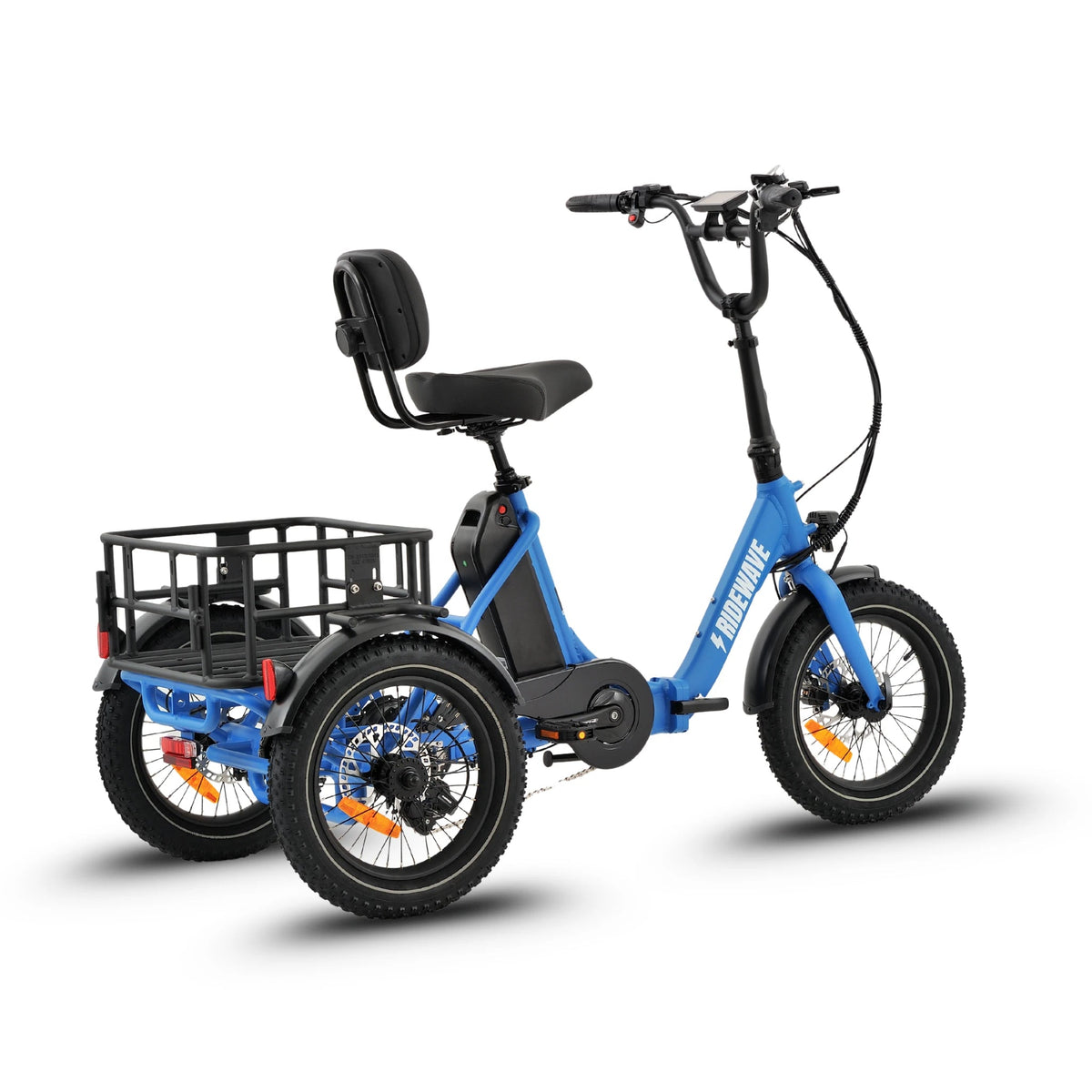 Ridewave Koala electric trike sky blue, three-quarter rear view with rear cargo basket