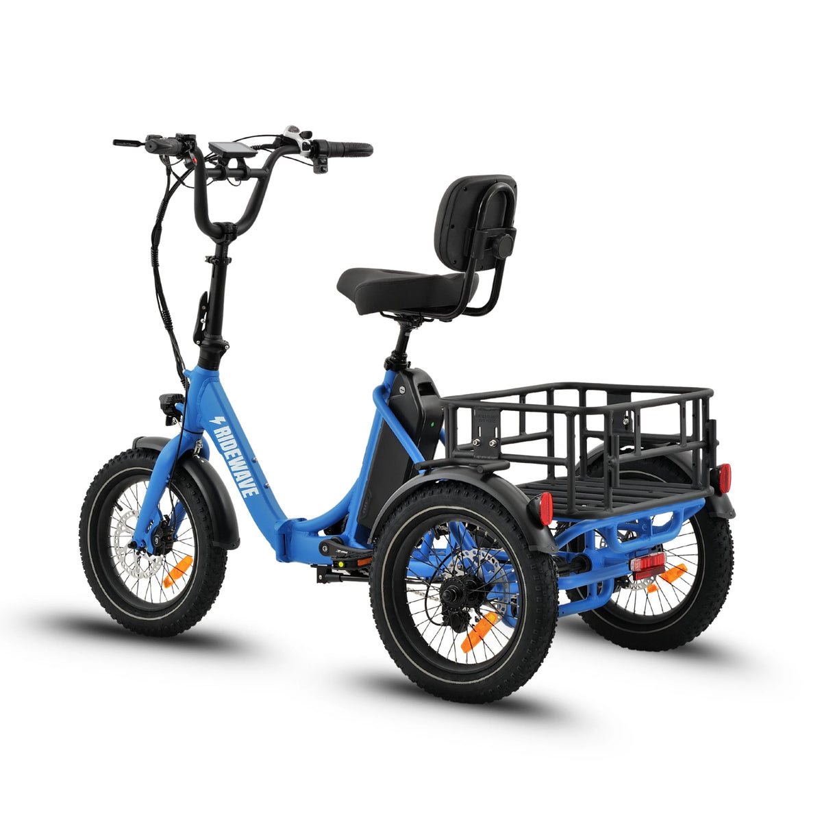 Ridewave Koala electric trike sky blue, rear three-quarter view with black cargo basket