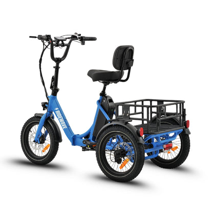 Ridewave Koala electric trike sky blue, rear three-quarter view with black cargo basket
