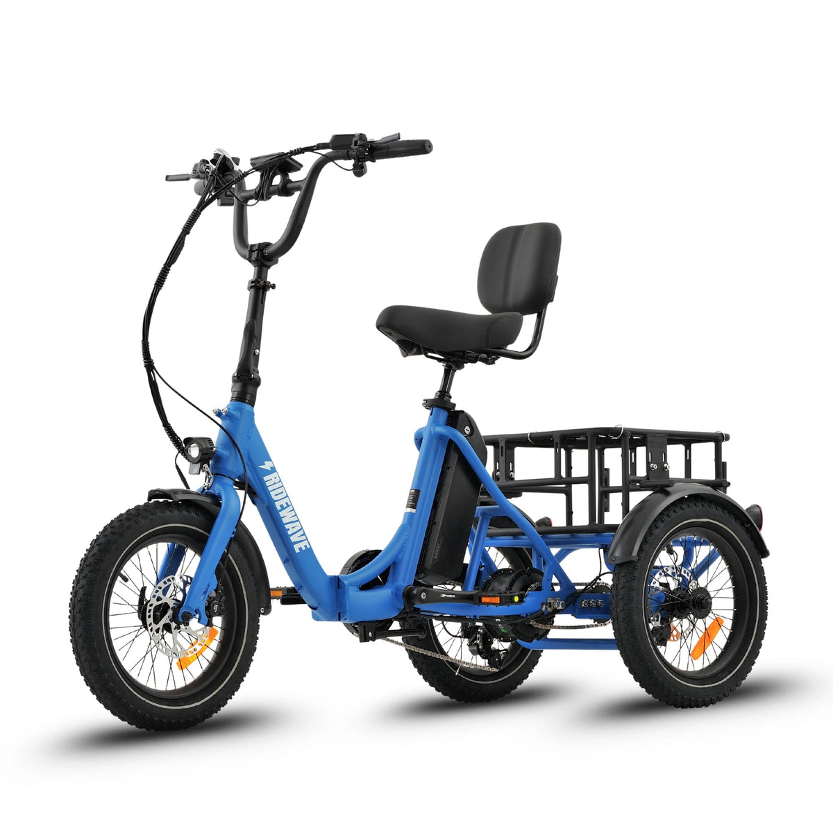 Ridewave Koala electric trike sky blue, three-quarter front view showing compact three-wheel stance
