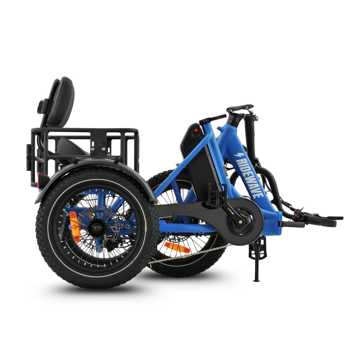 Ridewave Koala electric trike folded for storage, side view