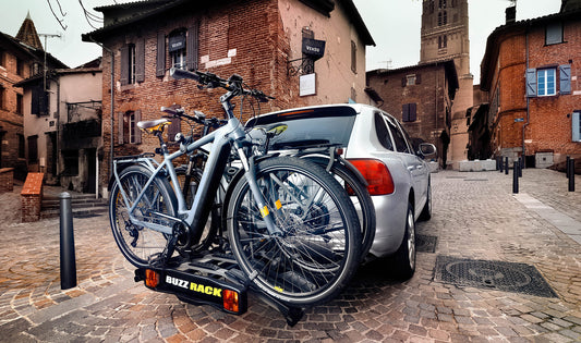 Buzzrack E-Hornet 3 loaded with three bikes on vehicle