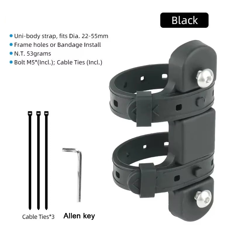 Black strap-on bottle cage mount with M5 bolts, cable ties and Allen key