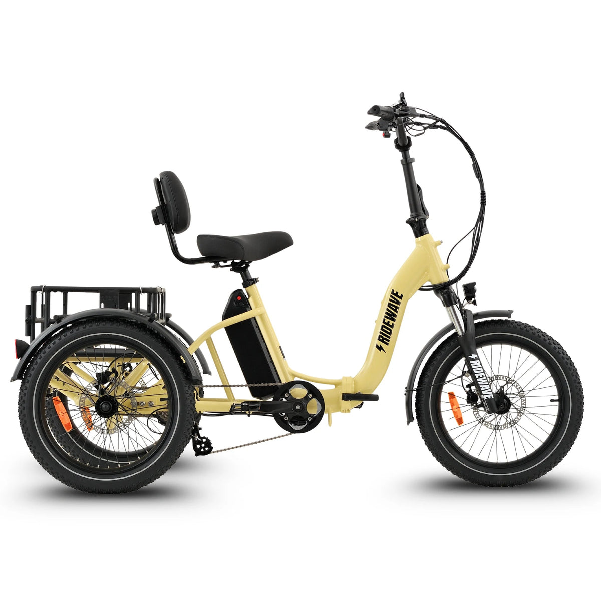 Ridewave Wallaby folding electric trike in cream, side view with rear cargo basket