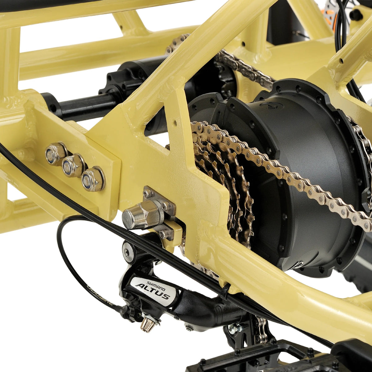 Ridewave Wallaby electric trike rear drivetrain, axle and motor close-up