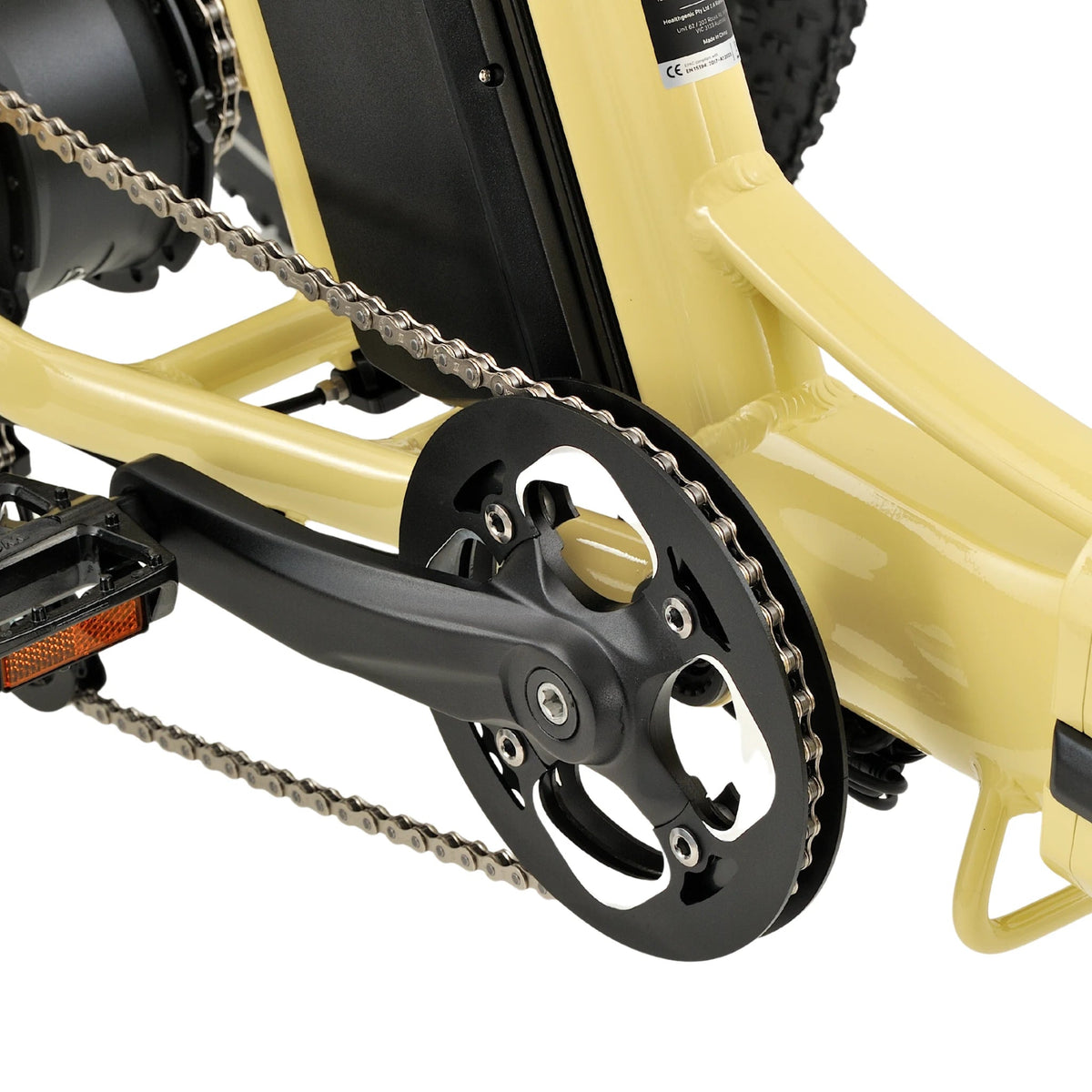 Ridewave Wallaby electric trike chainring, crank and pedal close-up