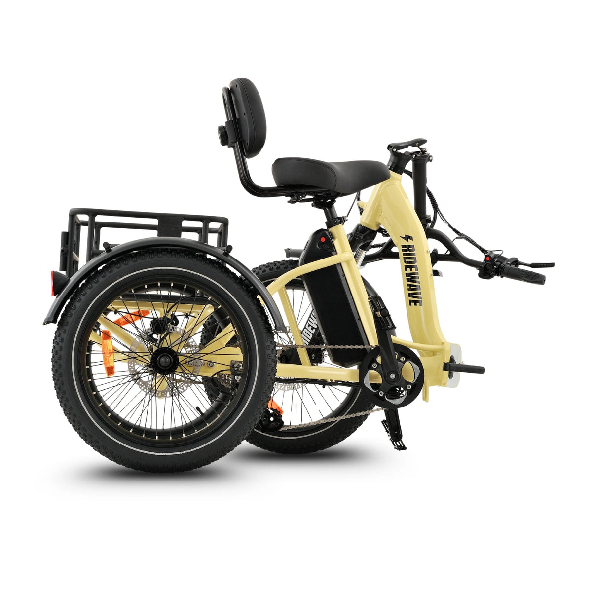 Ridewave Wallaby electric trike folded for storage, side view