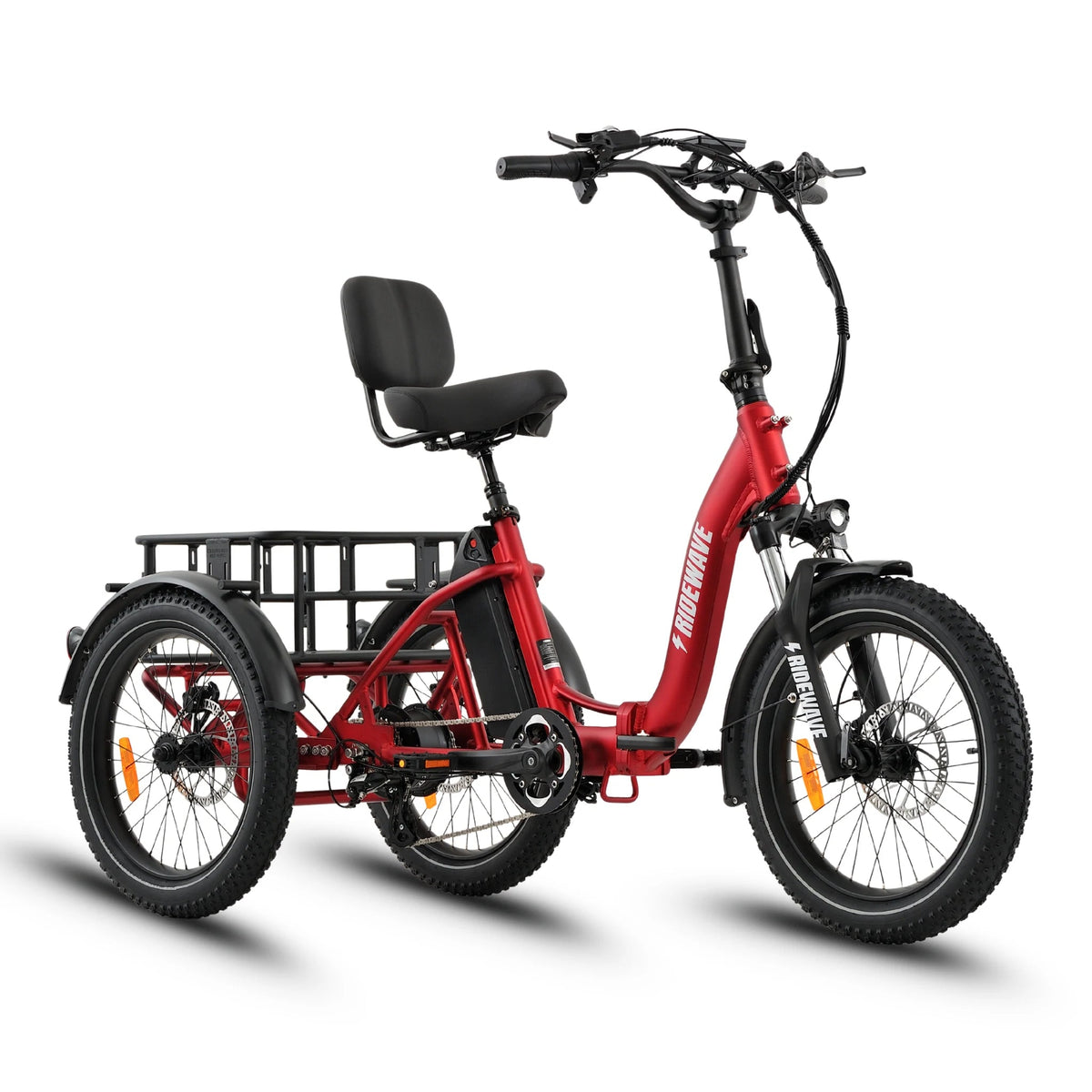 Ridewave Wallaby electric trike red, three-quarter view