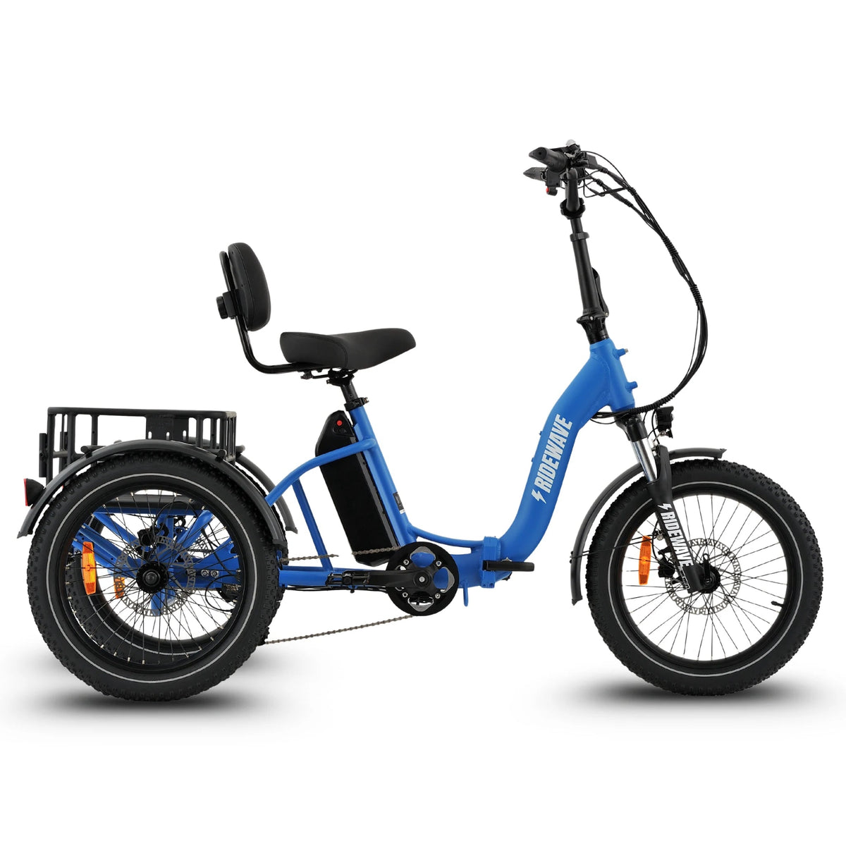 Ridewave Wallaby folding electric trike in sky blue, side view