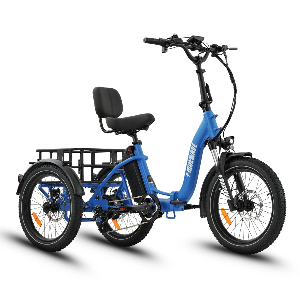 Ridewave Wallaby electric trike sky blue, three-quarter view