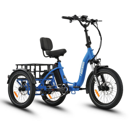 Ridewave Wallaby electric trike sky blue, three-quarter view