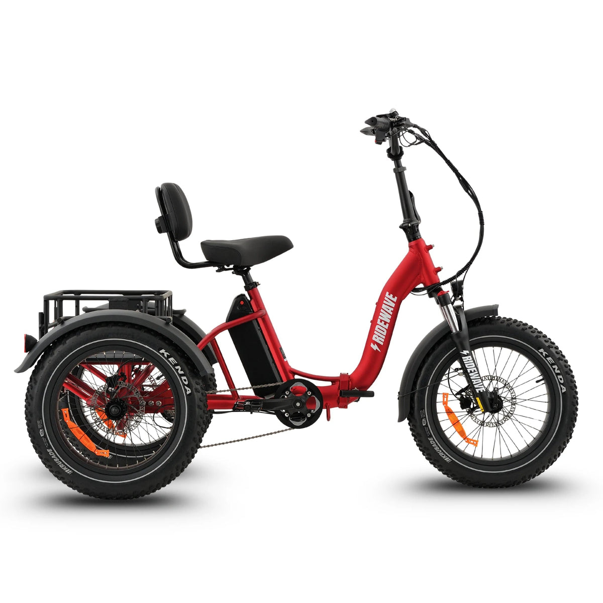 Ridewave Wallaby Plus fat tyre folding electric trike in red, side view with rear cargo basket