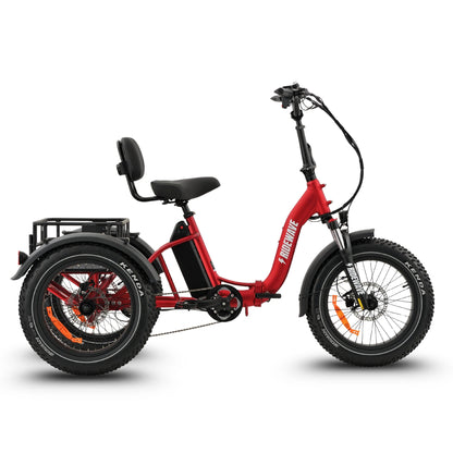 Ridewave Wallaby Plus fat tyre folding electric trike in red, side view with rear cargo basket