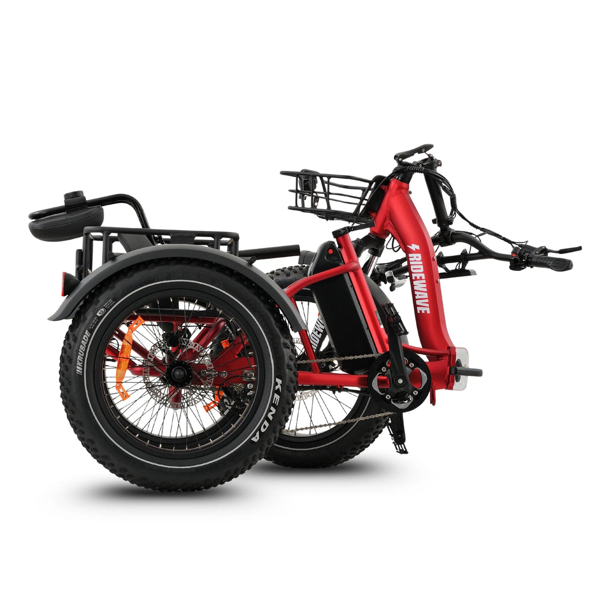 Ridewave Wallaby Plus electric trike folded for storage, side view