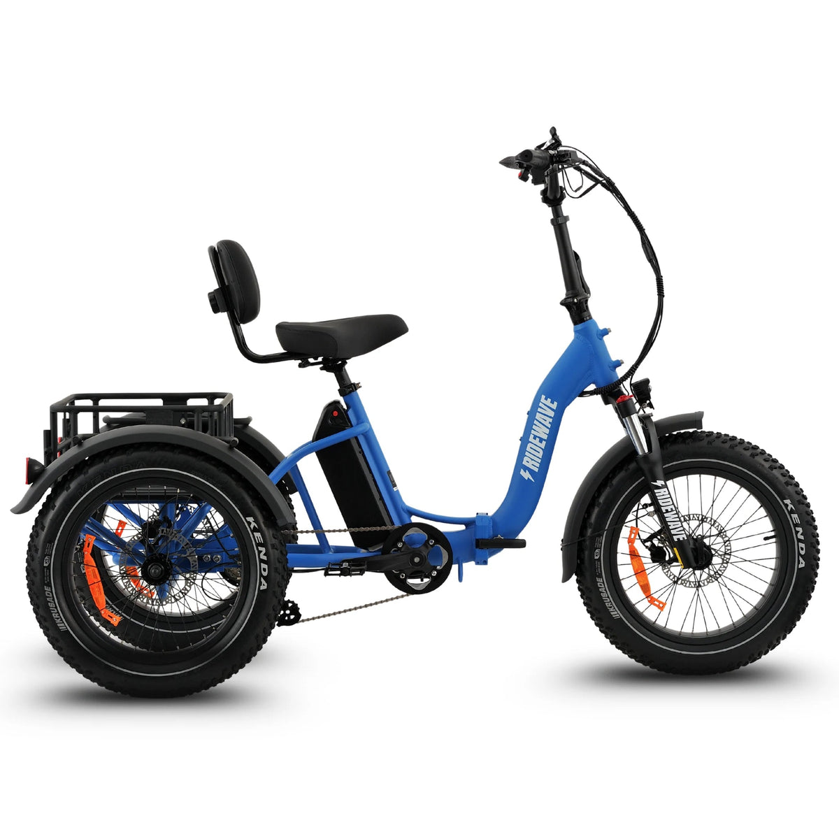 Ridewave Wallaby Plus folding electric trike in sky blue, side view